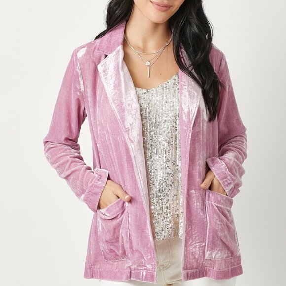 MYSTREE Pink Velvet Blazer, Soft Crushed Velvet Open Front Jacket, Luxe Party - Picture 1 of 3